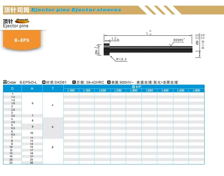 Wmould Plastic Injection Mold Parts Pre-Hardened Ejector Pin B-EPS Ejector Pin Manufacturer Mold Parts Mold Tooling